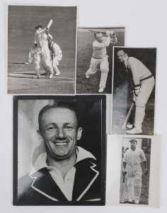 DON BRADMAN: 1938-48 Group of original press photographs comprising "Herald Sun/Feature Service" 1938 image annotated "Bradman in England" showing him walking out to bat; "The Sun/Feature Bureau" late 1930s image showing Bradman in his batting stance, "The Advertiser" late 1930s image (tear) of Bradman playing an attacking stroke; "Sydney Morning Herald" photo of Bradman strokemaking during 1947-48 Test Match Series against India. (4 items)