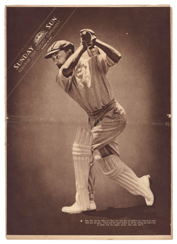 DON BRADMAN: 1936 issue of the "Sunday Sun" Souvenir Test Cricket Supplement (Nov.29, 1936) with full length image of Bradman on the front cover and centrespread showing the Australian and England teams for the forthcoming Test Series.