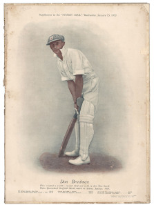 DON BRADMAN: 1930 "Sydney Mail" newspaper Souvenir Supplement (Jan.15, 1930) showing a full length coloured image of Bradman issued to celebrate his world record score of 452 not out in the NSW v Queensland Sheffield Shield Match held at Sydney in January, 1930; the supplement accompanied by a copy of the original newspaper. The first example to be offered by us. Rare.
