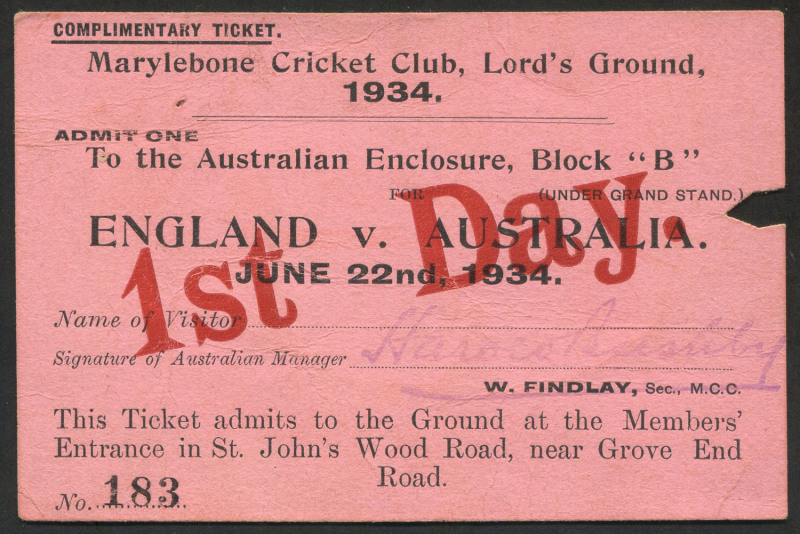 MARYLEBONE CRICKET CLUB (M.C.C., LORD'S): Complimentary Ticket "Admit One, to The Australian Enclosure, Block 'B' for 1st Day (2nd Test) England v Australia, June 22nd. 1934", signed by Australian Team Manager Harold Bushby, with hole punched for attendan