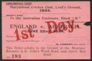 MARYLEBONE CRICKET CLUB (M.C.C., LORD'S): Complimentary Ticket "Admit One, to The Australian Enclosure, Block 'B' for 1st Day (2nd Test) England v Australia, June 22nd. 1934", signed by Australian Team Manager Harold Bushby, with hole punched for attendan