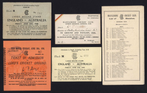 MARYLEBONE CRICKET CLUB (M.C.C., LORD'S): one-day admission tickets comprising 'Test Match June 26th, 1934' (last day, 2nd Test); 'England v Australia, Friday, June 24th, 1938' (first day, 2nd Test) for the 'Large Mound Stand'; 'England v Australia, Friday, June 25th, 1948' (second day, 2nd Test) for the Large Mound Stand, also 1934 MCC Complimentary admission ticket (with exceptions) for "Member of Western Australian Cricket Assn",