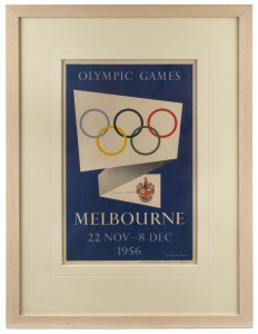 1956 MELBOURNE OLYMPICS: Official Poster of the 1956 Olympic Games in Melbourne, artwork by Richard Beck, showing Olympic Rings and Melbourne Coat-of-Arms, small size, 33 x 50cm; framed and glazed, overall 56 x 75cm.