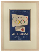 1956 MELBOURNE OLYMPICS: Official Poster of the 1956 Olympic Games in Melbourne, artwork by Richard Beck, showing Olympic Rings and Melbourne Coat-of-Arms, small size, 33 x 50cm; framed and glazed, overall 56 x 75cm.