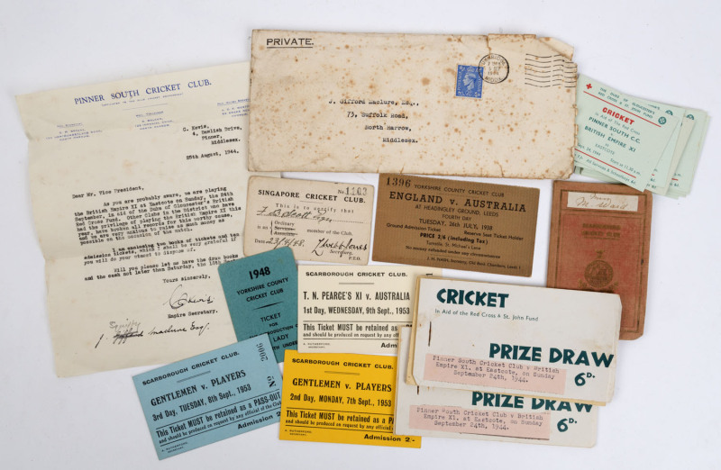 1926 Scarborough Cricket Club (England) member's season ticket, plus 1953 day tickets for Gentlemen v Players (2) & T.N. Pearce's XI v Australia; Yorkshire County Cricket Club 26th July, 1938 Ticket for England v Australia Test Match (final day, 4th Test)
