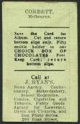 1921-25 VICTORIAN SUBURBAN PREMIUM - MELBOURNE: R.J. Corbett, Card No.42, on green stock, advertising on reverse for Ryan's (newsagent, Port Melbourne); Rarity Rating 7. - 2