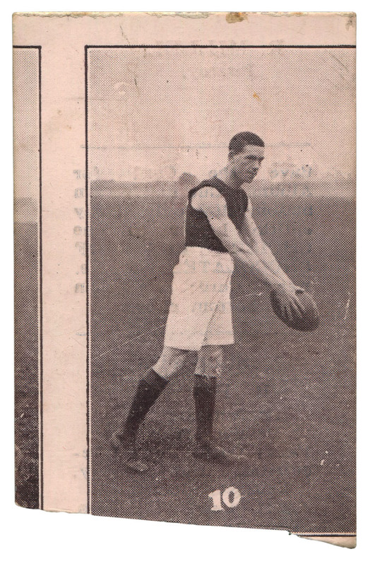 1921-25 VICTORIAN SUBURBAN PREMIUM - FITZROY: Roy Millen (mispelled as 'MILLEI') Card No.10, action image, on white stock, advertising on reverse for R.Hooper (Confectioners & Tobacconists, Port Melbourne); slightly cut-into a base, Rarity Rating 7.