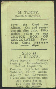 1921-25 VICTORIAN SUBURBAN PREMIUM - SOUTH MELBOURNE: Mark Tandy unnumbered card on green stock, half-length image of player with 'SMFC' logo on jersey, advertising on reverse for J.Ryan's (newsagency, Port Melbourne), Rarity Rating 7. - 2