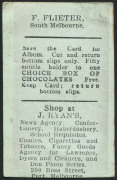 1921-25 VICTORIAN SUBURBAN PREMIUM - SOUTH MELBOURNE: Fred Fleiter (misspelled 'FLIETER') unnumbered card on blue stock, half-length image of player with 'SMFC' logo on jersey, advertising on reverse for J.Ryan's (newsagency, Port Melbourne), Rarity Ratin - 2