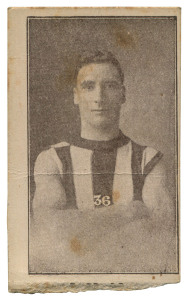 1921-25 VICTORIAN SUBURBAN PREMIUM - COLLINGWOOD: Dick Lee, Card No.36 on white stock, half-length image of player, advertising on reverse for Regan's Dairy (South Melbourne); light age spots, Rarity Rating 7.