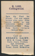 1921-25 VICTORIAN SUBURBAN PREMIUM - COLLINGWOOD: Dick Lee, Card No.36 on white stock, half-length image of player, advertising on reverse for Regan's Dairy (South Melbourne); light age spots, Rarity Rating 7. - 2