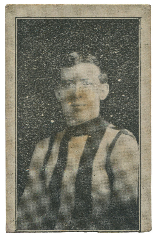 1921-25 VICTORIAN SUBURBAN PREMIUM - COLLINGWOOD: Con McCarthy, unnumbered card on white stock, half-length image of player, advertising on reverse for W.G. Hampton (tobacconist & hairdresser, St.Kilda); age stain, Rarity Rating 7.