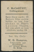 1921-25 VICTORIAN SUBURBAN PREMIUM - COLLINGWOOD: Con McCarthy, unnumbered card on white stock, half-length image of player, advertising on reverse for W.G. Hampton (tobacconist & hairdresser, St.Kilda); age stain, Rarity Rating 7. - 2