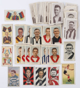 Assortment with duplication including 1933 Godfrey Phillips 'Victorian Footballers' (27), 1933 Wills 'Footballers' (65), plus a few other oddments from Hoadley's, Allens's, J.J. Schuh, etc; condition poor to G/VG. (100).