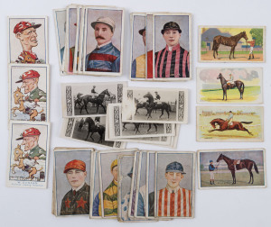 1907-30s Selection of Jockey and Racehorse cards with Sniders & Abrahams 1907 'Australian Jockeys' 'B.Whalley', 1908-09 'Australian Jockeys' [17/60] plus 2 duplicates; J.J. Schuh 1921 'Australian Jockeys' unnumbered [9/30] & numbered [5/30]; few other car