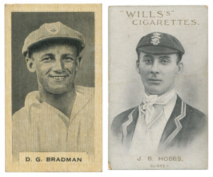 1911-30 Selection with Wills 1911-12 'Australian & English Cricketers' [3/59] including Jack Hobbs, 1926 'Cricketers' [32/63] plus 5 duplicates; Godfrey Phillips 1932-33 [34/38, ex Nos #3, 4, 6, 7], plus numerous duplicates including two Bradman; Carreras