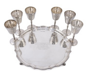 The AUSTRALIAN JOCKEY CLUB "AUSTRALASIAN CHAMPION STAKES" trophy comprising of a sterling silver serving tray and 6 sherry goblets, engraved "AUSTRALASIAN CHAMPION STAKES / 1¼ MILES / Run at Randwick 10th April, 1971 / Mr. & Mrs. C.L. Beechey / and / Mr.