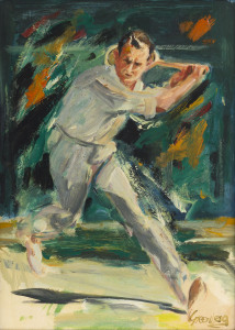 Joseph GREENBERG (1923 - 2007), "Jack Crawford - Australian & Wimbledon Champion 1933", acrylic on board, signed lower right, circa 1975, 54 x 39cm. 