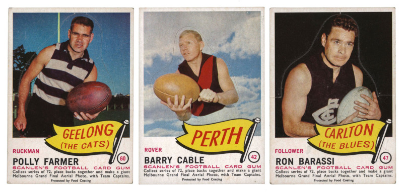 1966 SCANLENS "Footballers" complete set [72], including all 14 die-cuts with Barry Cable, Ron Barassi, Ken Fraser, Ted Whitten, "Polly" Farmer, Darrel Baldock & Bob Skilton; mostly G/VG. Another rare set. (72)