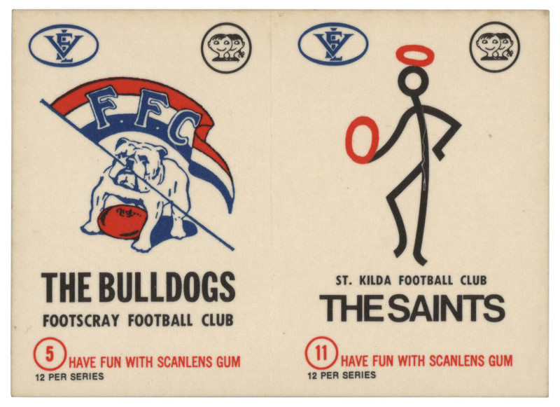 1974 SCANLENS Club Mascot Stickers in 9 pairs (at least two re-joined), all 12 clubs represented; Blues/Lions pair [cards 1&4] is thinned, most cards more-or-less aged/yellowed. (9 pairs)