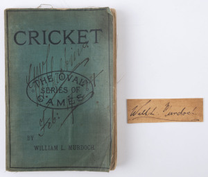 LITERATURE: "Cricket - The Oval Series of Games" by former Australian Captain William ("Billy") Murdoch, 93pp softbound, 5 plates including frontispiece showing W.G. Grace at the wicket, period advertising at the back, signed "G.W. Gubbins/Sydney/Feb.17.1894" on title page and on the front cover, the book is accompanied by "Will. L. Murdoch" signature on a piece of thick card. Lieutenant G.W. Gubbins was a member of the crew of survey ship HMS Penguin based at Australia Station (Sydney).