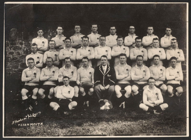 NSW WARATAHS:1927 photograph (11.5 x16cm) of the Waratahs team who embarked on a 1927-28 World Tour encompassing Ceylon, Britain, France & Canada, playing Test Matches against Ireland, Wales, Scotland, England and France; photographer's inscription at low