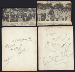 England XI v Australians (The "Blackpool Test"), Aug.31 - Sep.1, 1938: two autograph book pages with signatures of 8 English players incl. Bill Edrich, Denis Smith, Stan Worthington & George Duckworth plus 11 Australian Players including Stan McCabe, Bill O'Reilly, Bill Brown, Lindsay Hassett & Sid Barnes; also newspaper cut-out images of both teams.