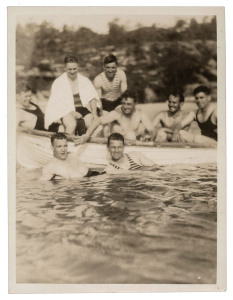 1932-33 "Bodyline" Series: selection of English Team member Freddie Brown's personal photographs (11, mostly 10.5 x 7.5cm) from the tour mostly featuring English players in relaxed circumstances; all are annotated on reverse by Brown, naming the players present in each photograph. Some of the more charming images include group boating scenes (2) showing Freddie Brown, Tommy Mitchell, Les Ames, Eddie Paynter, Wally Hammond, George Duckworth, Bill Bowes & Maurice Leyland,