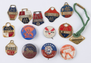 MCC FULL MEMBERSHIP BADGES for seasons 1970-71, 1972-73, 1974-75, 1975-76, 1976-77, 1977-78, 1978-79 & 1979-80; also VFL Park 1971 membership badge and club badges for Fitzroy (2), Melbourne & South Melbourne (2). (14 items)