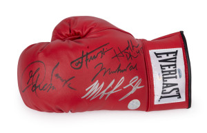 HEAVYWEIGHT BOXING LEGENDS: 'Everlast' boxing glove signed by MUHAMMAD ALI, JOE FRAZIER, GEORGE FOREMAN, MIKE TYSON, EVANDER HOLYFIELD & LENNOX LEWIS. Superstar & Legends CofA numbered #96766.