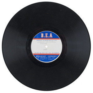 "AUSTRALIA'S OWN FOOTBALL": 78rpm recording by Jack O'Hagan on B.E.A. (Broadcast Exchange of Australia) label, housed in inner sleeve, c.1950s. Low survival rate.