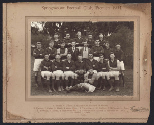 COUNTRY FOOTBALL - SPRINGMOUNT FOOTBALL CLUB - 1934 PREMIERS: mounted photograph (9x14cm) by Thornton Studios (Ballarat) showing the 1934 Creswick District Football Association Premiership winning team; some aging/foxing. Rare (possibly unique) survivor.