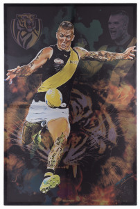 DUSTIN MARTIN - RICHMOND: large canvas print image of "Dusty" kicking for goal, mounted onto a wooden frame, overall 115x75cm; also a 2005 Weg Premiership poster for Sydney Swans, framed and glazed. (2 items).