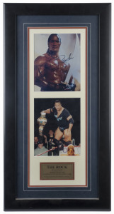 WRESTLING - THE "ROCK" (DWAYNE JOHNSON) - WWF HEAVYWEIGHT CHAMPION & ACTOR: mounted display featuring SIGNED COLOUR IMAGE (24x20cm) of The Rock in the film "Scorpion King", also unsigned image (24x20cm) of him as WWF Champion, plus commemorative plaque; with Superstars & Legends CofA, framed & glazed, overall 88x45cm.