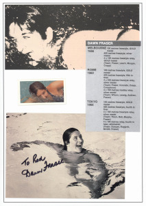 AUSTRALIAN SWIMMING GOLD MEDALLISTS: signatures comprising Dawn Fraser (100m freestyle 1956 Melbourne, 1960 Rome & 1964 Tokyo and 4x100m 1956 Melbourne, signature on photograph), John Henricks (100m freestyle, 1956 Melbourne, signature on letterhead), Jo