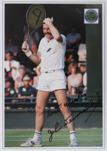 AUSTRALIAN MALE TENNIS PLAYERS: signatures of 1960s-2000s era players mostly on images or on piece, comprising John Newcombe, (on large 28x19cm colour photo), Mark Edmondson, John Fitzgerals, Pat Cash, Pat Rafter, Todd Woodbridge Mark Woodforde & Leight