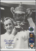 AUSTRALIAN MALE TENNIS PLAYERS: signatures of 1940s-1960s era players mostly on images of the relevant player comprising Frank Sedgeman, Mervyn Rose, Lew Hoad, Neale Fraser, Roy Emerson, Fred Stolle, Mal Anderson (2), Rod Laver & Ken Rosewall (2); also Fr