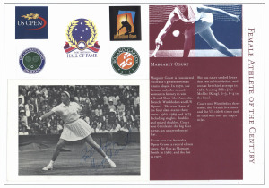 AUSTRALIAN FEMALE TENNIS PLAYERS: signatures comprising Margaret Court (2, on action image and on Australian Legends postage stamps along with Rod Laver), Leslie Bowrey on piece, Evonne Goolagong on philatelic cover & Sam Stosur on philatelic cover; house