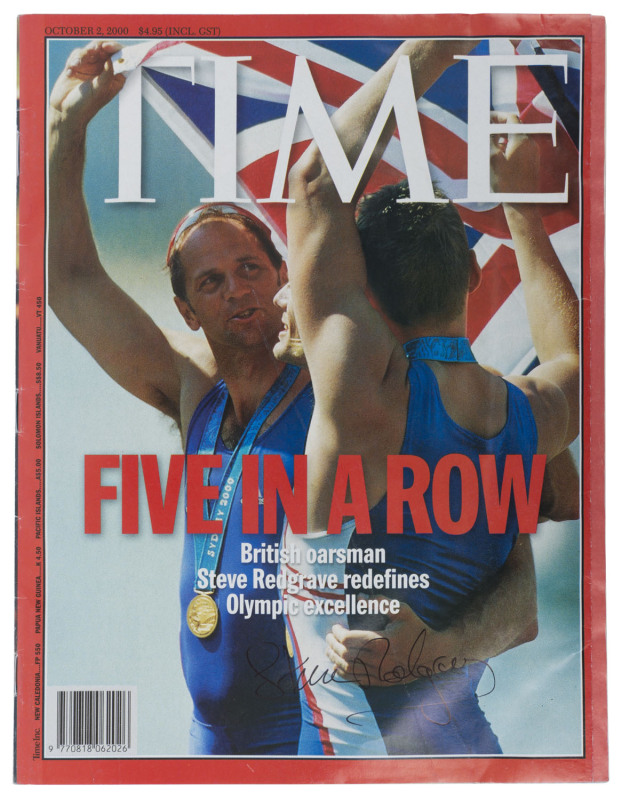 INTERNATIONAL OLYMPIANS - MULTIPLE GOLD MEDALLISTS: signatures comprising Steve Redrave (rowing, gold medallist in 5 consecutive Olympics 1984-2000), signature on cover of October 2000 "Time" magazine featuring the rower; also Matt Biondi (swimming, 8 gol