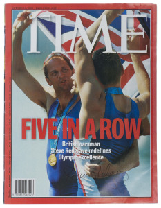INTERNATIONAL OLYMPIANS - MULTIPLE GOLD MEDALLISTS: signatures comprising Steve Redrave (rowing, gold medallist in 5 consecutive Olympics 1984-2000), signature on cover of October 2000 "Time" magazine featuring the rower; also Matt Biondi (swimming, 8 gol