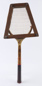 VINTAGE LADIES TENNIS RACKET: "Top-Flite" ladies racket with brace, Australian-made frame by Spalding, catgut strings intact, owner's name plaque on handle, c.1940s.