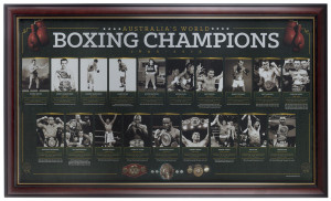 "AUSTRALIA'S WORLD BOXING CHAMPIONS 1890-2013": display showing images of 19 Australian champions each captioned with the boxer's fight record and their period of tenure as world champion, attractively framed and glazed, overall 60x100cm.