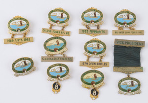 BOWLS - PAPUA NEW GUINEA: late 1970s-mid 1980s Southern Districts Bowling Assn. enamelled badges incl. Vice President badge (with clasp) and competition badges incl. 1979 Open Triples, 1981 R/U Inter Club Fours, 1982 & 1983 Pennants; badges manufactured b