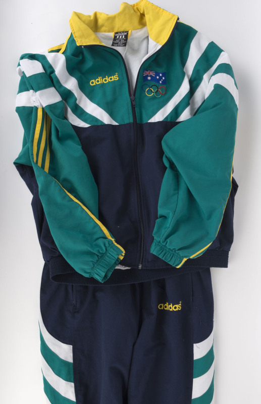 1996 ATLANTA: Australia tracksuit top and pants from c.1996 Olympics, medium size, made by Adidas, the top with embroidered Australian flag over Olympic rings; very good condition.