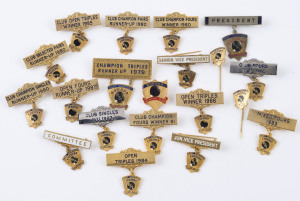 BOWLS - PAPUA NEW GUINEA: 1979-1987 Port Moresby/Boroko Bowling Club badges including for President, Senior Vice President & 'Committee'; also club championship badges incl. 'Champion Triples Runner Up 1979', 'Club Champion Four Winner 1980', 'Open Triples 1984; badges manufactured by Denham, Neal & Treloar (Sydney) or by Pitcher (Melbourne). (20 items)