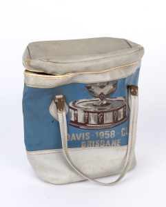 1958 DAVIS CUP BRISBANE: travel bag in blue and grey, image of Davis Cup on front, made by Denzil Don (Brunswick, Melbourne); good condition. The 1958 Davis Cup Challenge Round took place at Milton Courts, Brisbane, Dec. 29-31 with United States defeatin