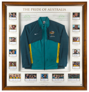 AUSTRALIAN OLYMPIC TEAM JACKET: attractively presented in a framed & glazed display, surrounded by images of all Australia's gold medallists with signatures beneath, limited edition, numbered 14/250; overall 122x130cm.