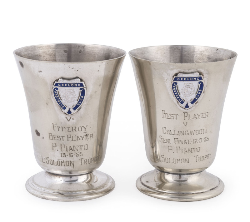 GEELONG FOOTBALL CLUB - PETER PIANTO: 'L.Solomon' silver plate goblets (2), awarded to Pianto for 'Best Player' v Fitzroy (13.6.53) and v Collingwood (12.9.53), both with Geelong FC badges affixed; some internal tarnishing, good condition overall. (2) Pi