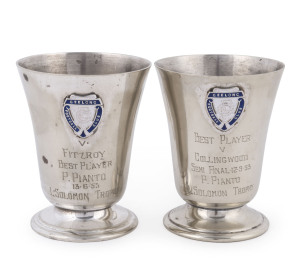 GEELONG FOOTBALL CLUB - PETER PIANTO: 'L.Solomon' silver plate goblets (2), awarded to Pianto for 'Best Player' v Fitzroy (13.6.53) and v Collingwood (12.9.53), both with Geelong FC badges affixed; some internal tarnishing, good condition overall. (2) Pianto was a Premiership player with Geelong in 1951 and 1952. He replaced Bob Davis as coach steering Geelong to a 1967 Grand Final appearance where they lost to Richmond.