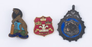 BADGES - VARIOUS: comprising AUSTRALIAN RULES: two enamelled oval football lapel pins by Lemane (undated, appear to very scarce); SOCCER:1910 silver fob badge awarded to G.Drought of W.S.F.C. (likely English football club) made by FH Adams of Birmingham, - 2